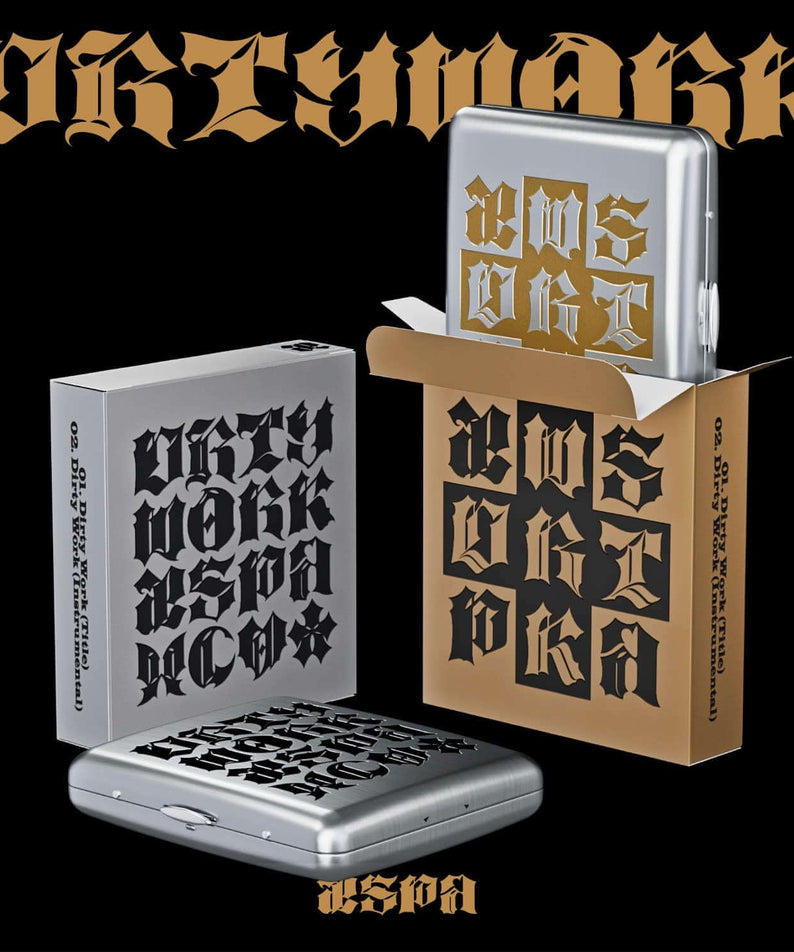 AESPA - [Dirty Work] (Dirty Case Ver.) (Set of 2) - Album Kpop : coffret noir, boîtes dorées, image produit.