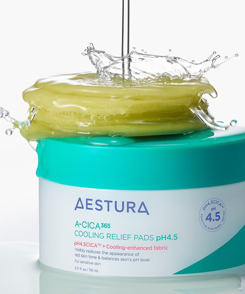AESTURA  Acica 365 Cooling Relief Pad pH 4.5 110ml (60 sheets) : pot bleu/vert, effet rafraîchissant avec eau jaillissante