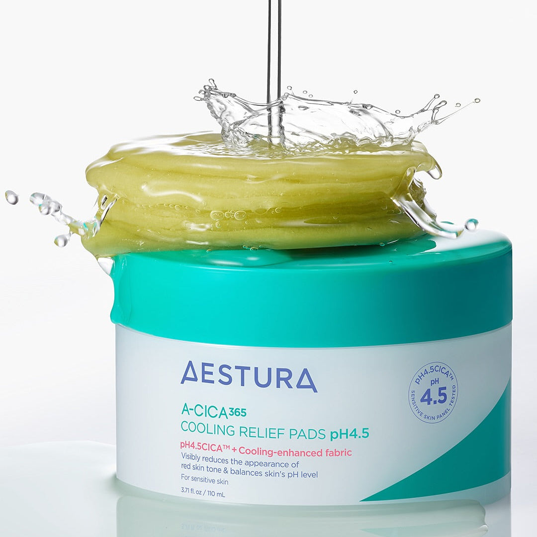 AESTURA  Acica 365 Cooling Relief Pad pH 4.5 110ml (60 sheets) : pot bleu/vert, effet rafraîchissant avec eau jaillissante