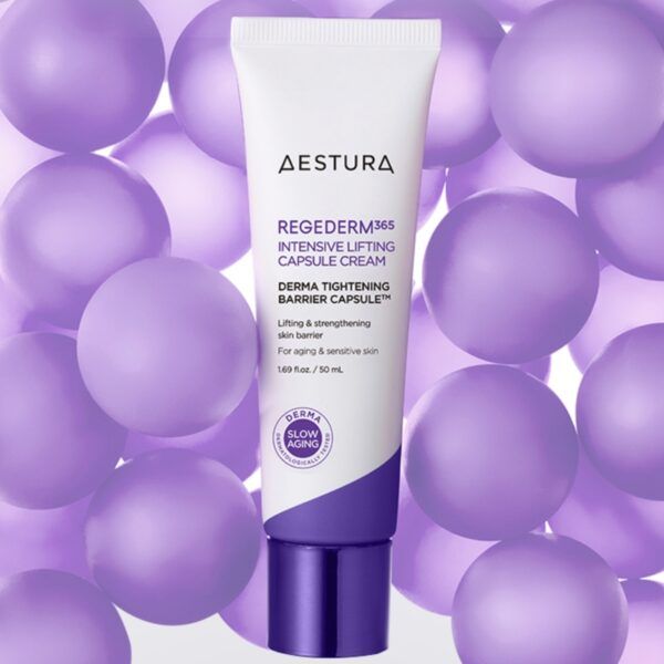 AESTURA Regederm365 Intensive Lifting Capsule Cream 50ml, tube crème sur fond de boules violettes, marque AESTURA