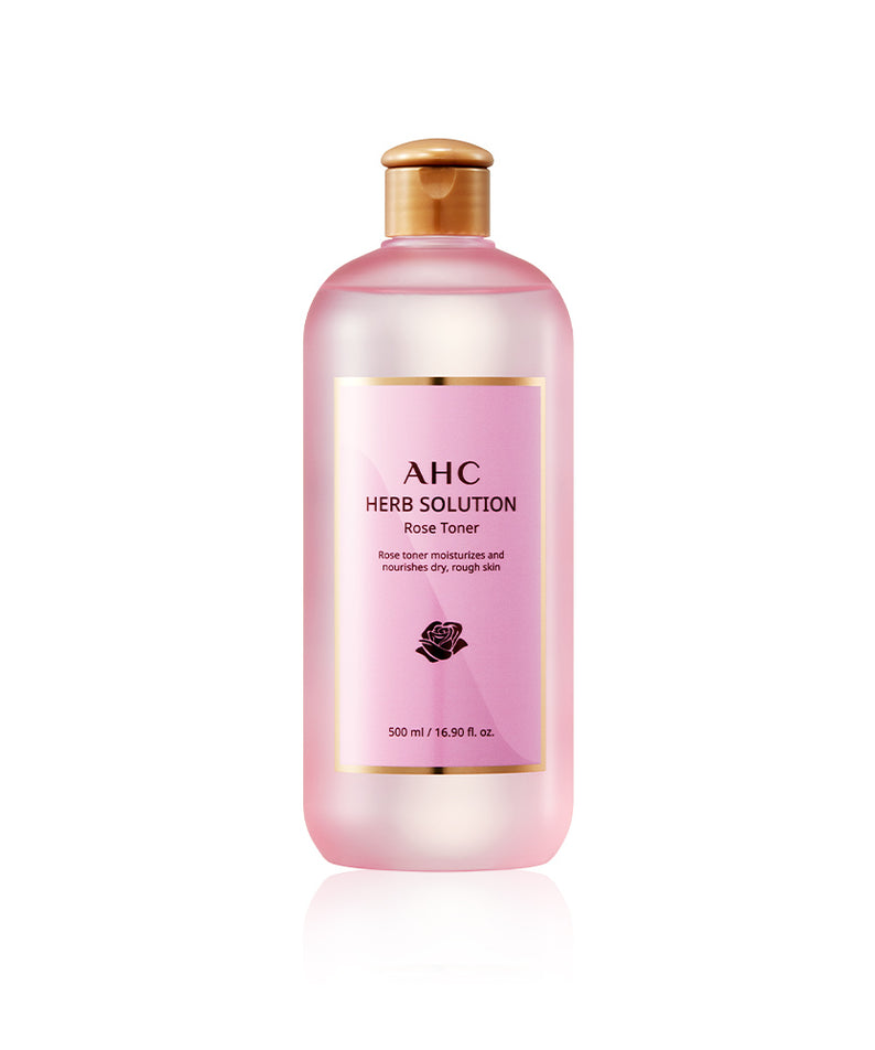 AHC Herb Solution Toner Large Capacity 500ml, flacon rose AHC sur fond blanc, contexte beauté soins visage