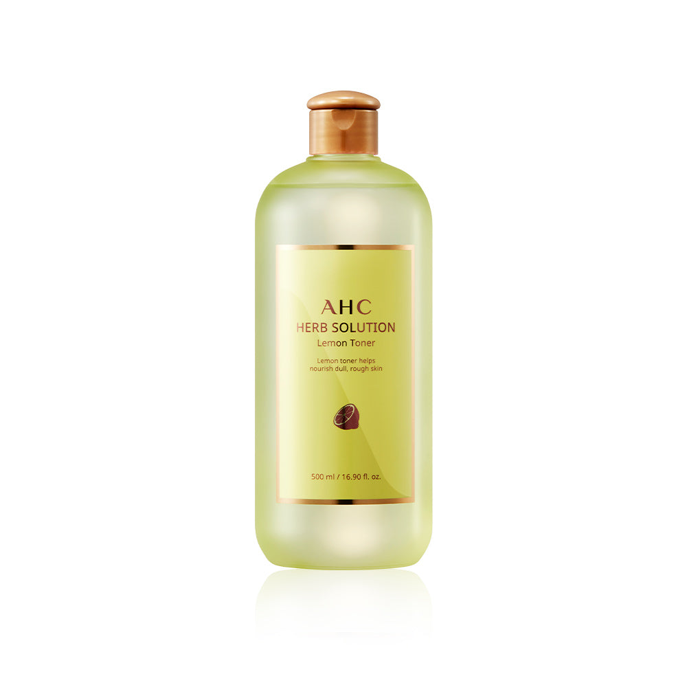 AHC Herb Solution Toner Large Capacity 500ml, bouteille verte AHC sur fond blanc, présentation produit skincare