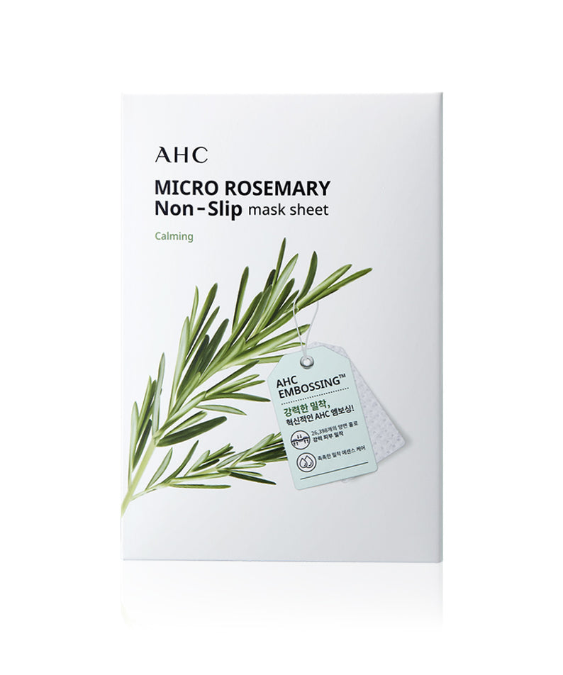 Décris l'image en français : AHC Micro Rosemarry Non-Slip Mask Sheets 10ea de la marque AHC, masque en sachet.