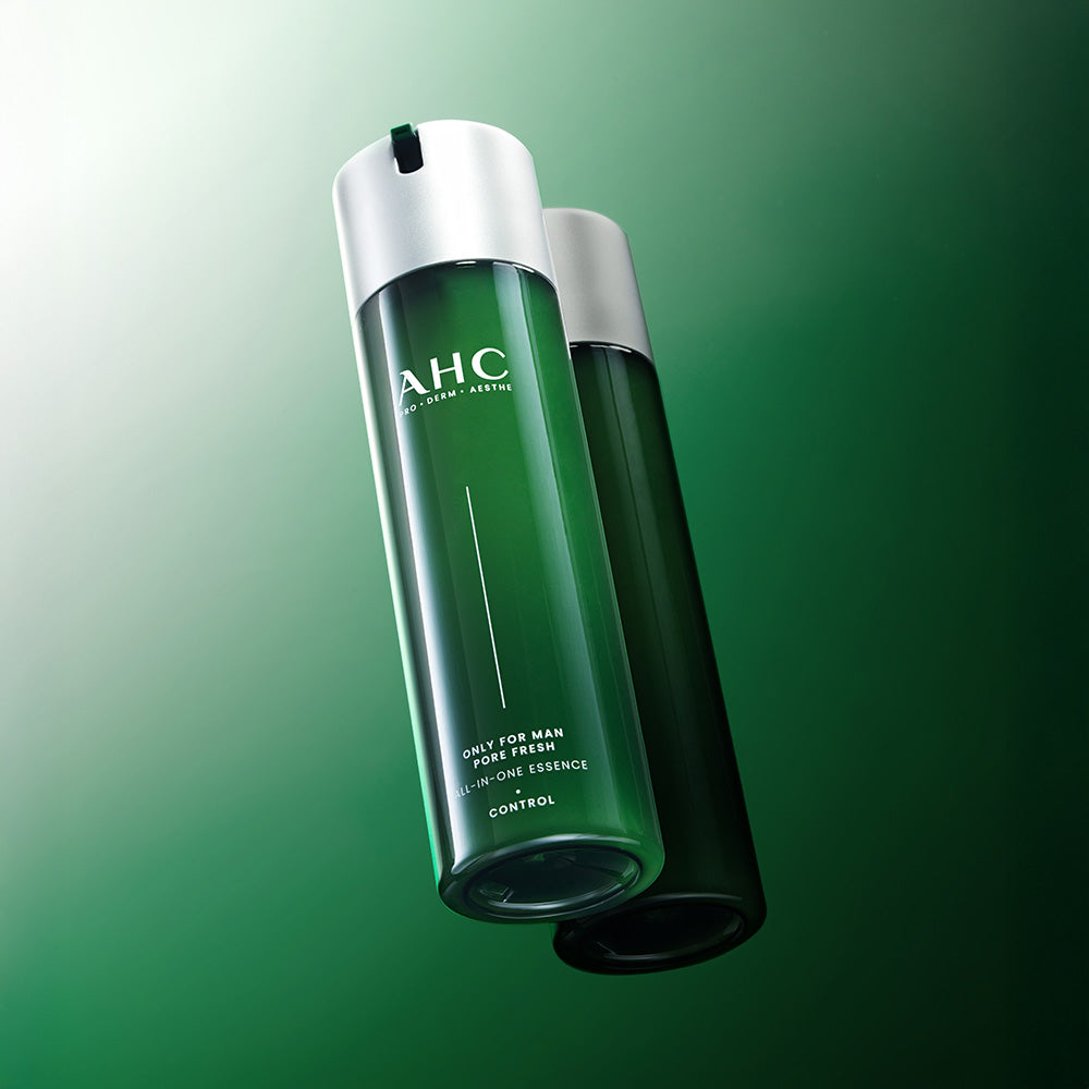 AHC Only For Men Pore Fresh All-in-One Essence 200ml en bouteille verte AHC sur fond dégradé vert, visuel produit