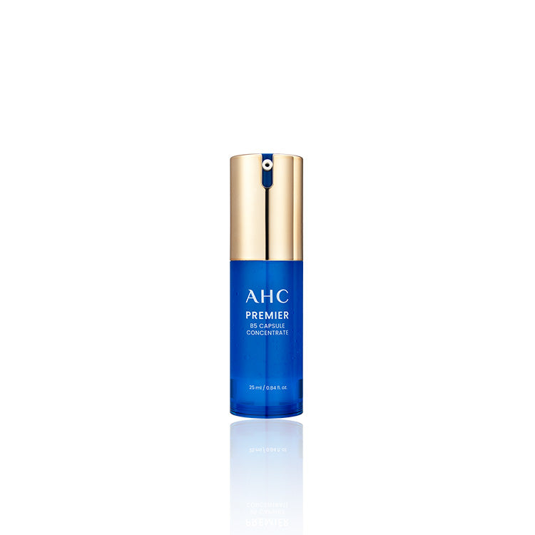 AHC Premier B5 Concentrate 25ml de AHC, flacon bleu et or sur fond blanc, vue produit en studio.