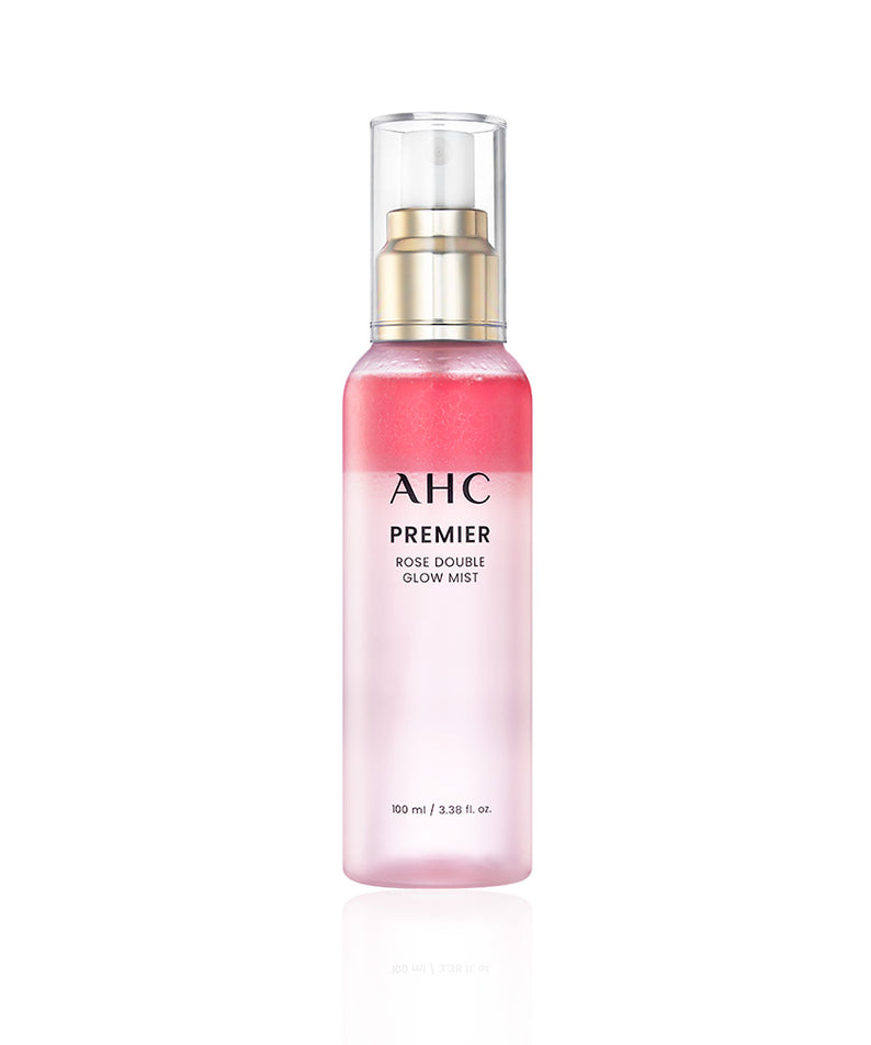 AHC Premier Rose Double Glow Mist 100ml, brume rosée AHC en flacon, fond blanc, produit cosmétique