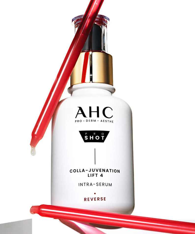 AHC Pro Shot Cola Juvenation Lift 4 Intra Serum 40ml AHC, flacon blanc avec gouttes rouges sur fond blanc.