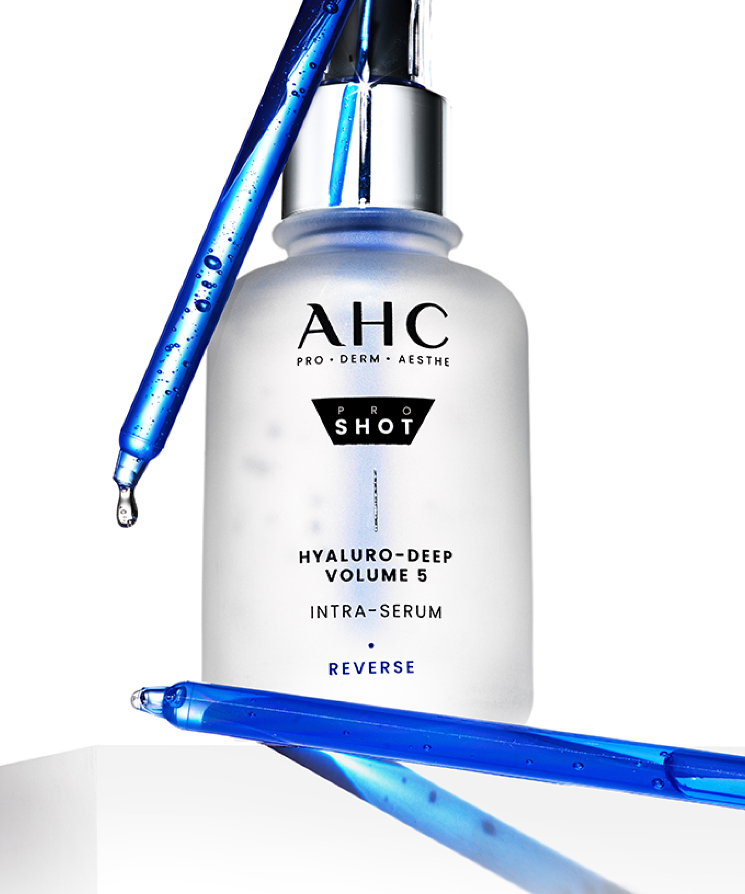 AHC Pro Shot Hyaluro Deep Volume 5 Intra Serum 40ml AHC, flacon blanc bleu sur fond clair, effet sérum goutte