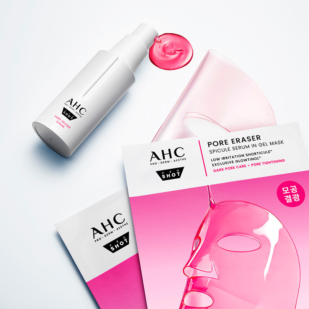 AHC Pro Shot Pore Eraser Gel Mask (5-pack) AHC, masques gel rosés sur fond clair, visuel produit skincare