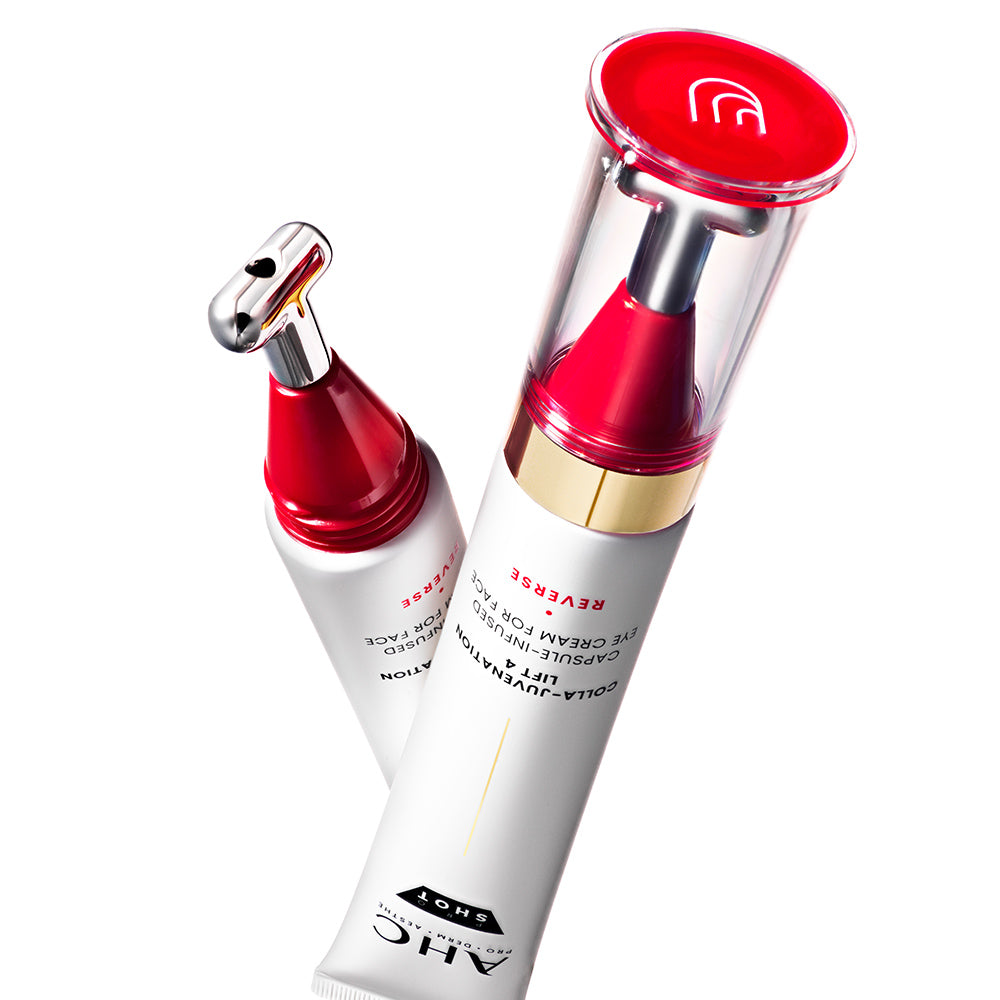 AHC Proshot Collagen Juvenion Lift 4 Capsule Infused Eye Cream for Face 30ml, tube rouge et blanc sur fond blanc.