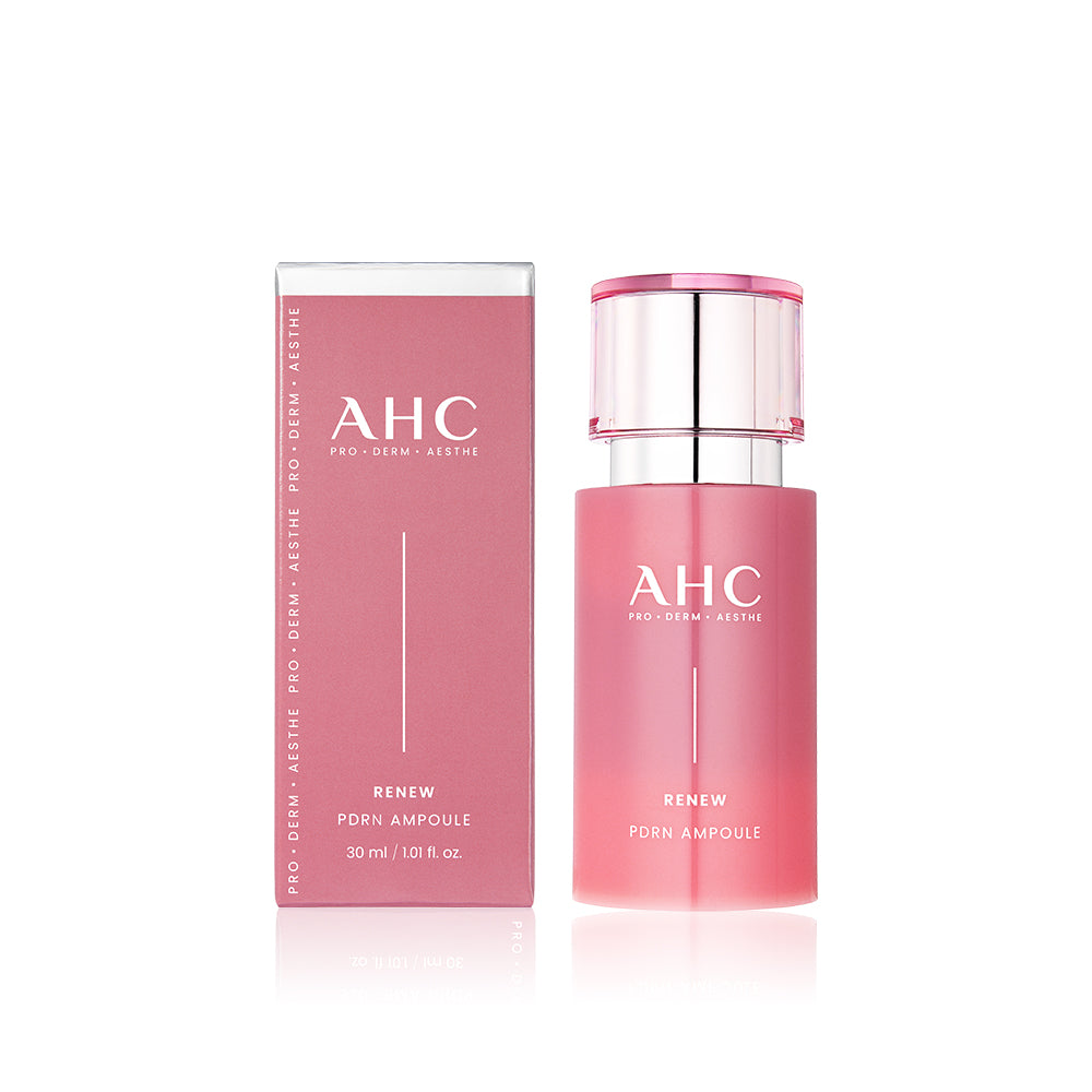 AHC Renew PDRN Ampoule 30ml AHC, flacon et boîte sur fond blanc, contexte visuel cosmétique en français