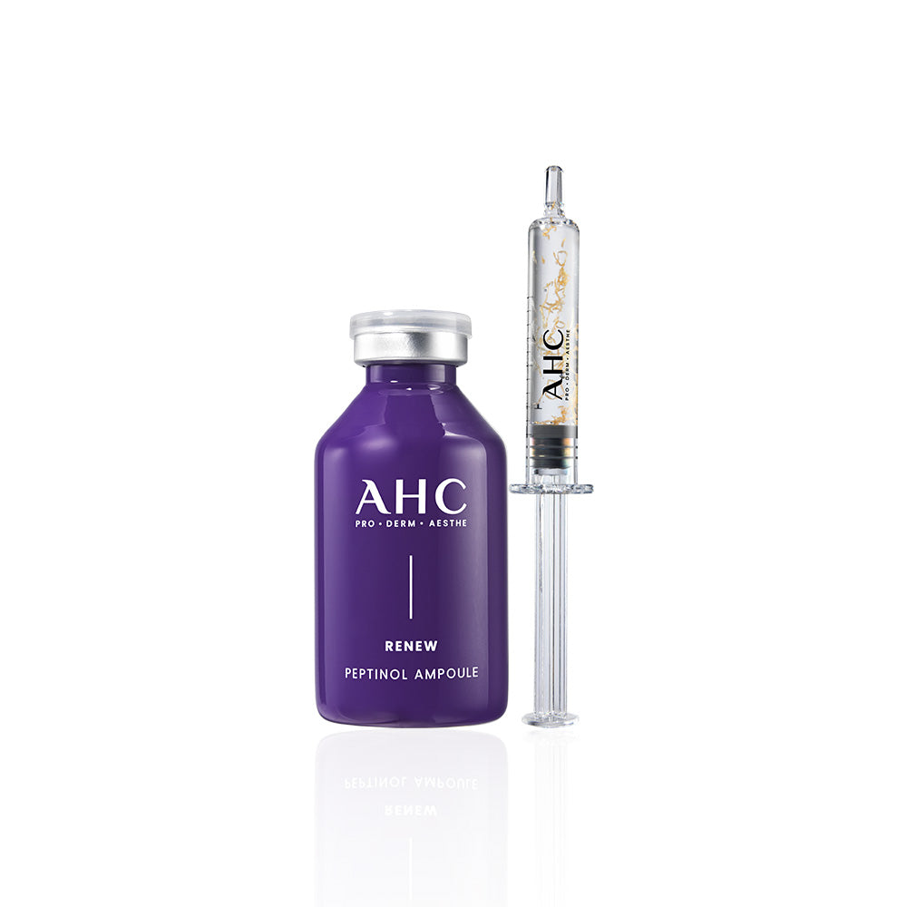 AHC Renew Peptinol Ampoule 30ml de la marque AHC, flacon violet et sérum en ampoule sur fond blanc.