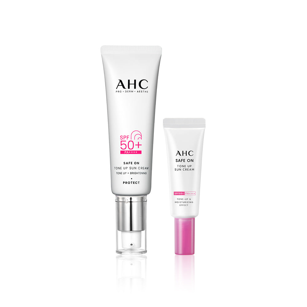 AHC Safe On Tone-Up Sunscreen 50ml de la marque AHC, tubes crème solaire SPF 50+ sur fond blanc, image produit