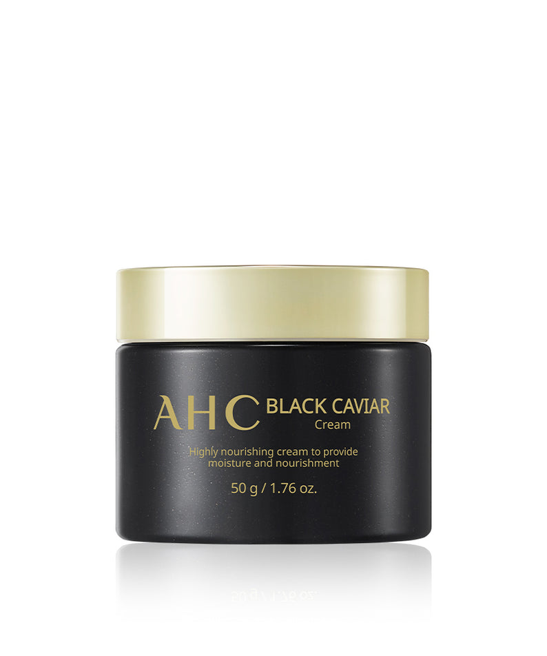 AHC Black Caviar Cream 50g, crème nourrissante au caviar noir pour hydratation, pot de 50g, emballage élégant doré et noir.