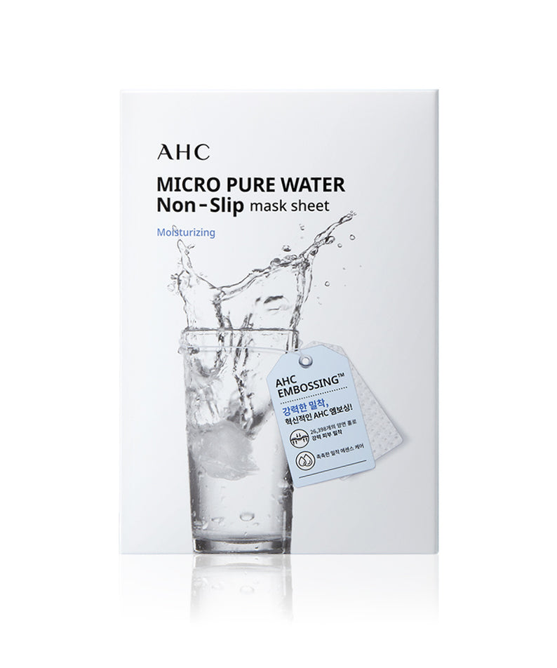 Emballage de AHC Micro Pure Water Non-Slip Mask Sheets 10ea en français, affichant un verre d'eau et des informations sur le produit.
