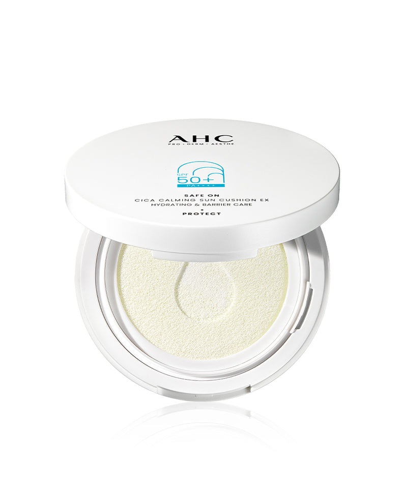 AHC Safe On Cica Calming Sun Cushion 25g, protection solaire apaisante et hydratante en format compacte, 25g.