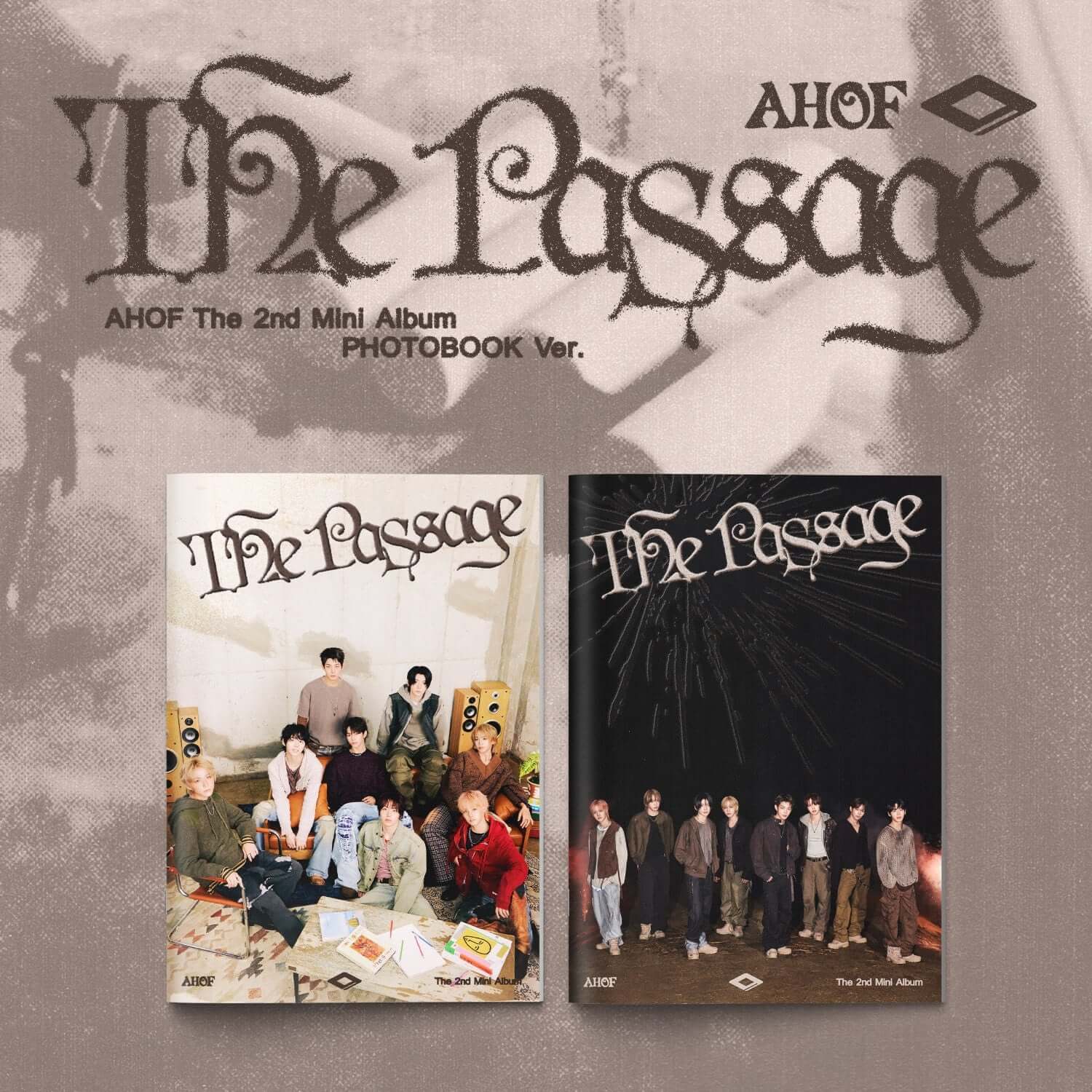 AHOF - The 2nd Mini Album [The Passage] (PHOTOBOOK Ver.) - Album Kpop, visuel avec jaquette et photos du groupe sur fond beige.