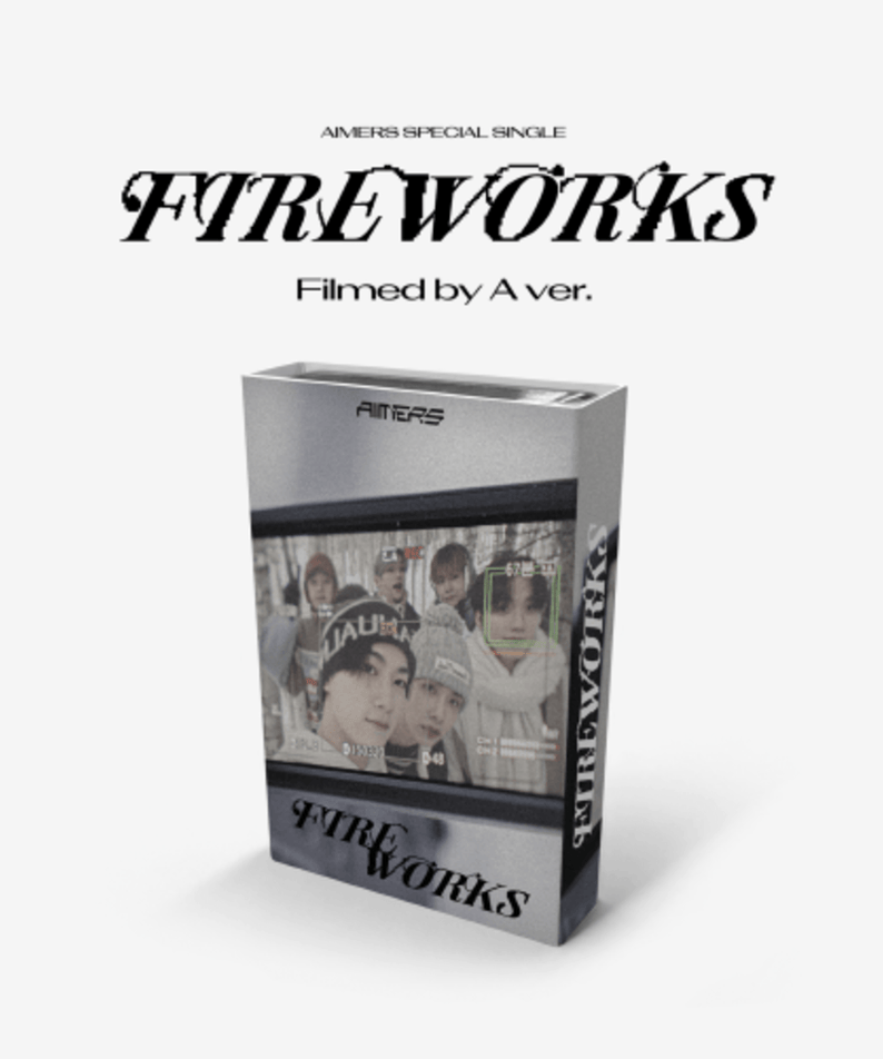 AIMERS - [Fireworks] (Filmed by A Ver.) - Album Kpop, visuel jaquette avec boîte et visuels du groupe sur fond clair.