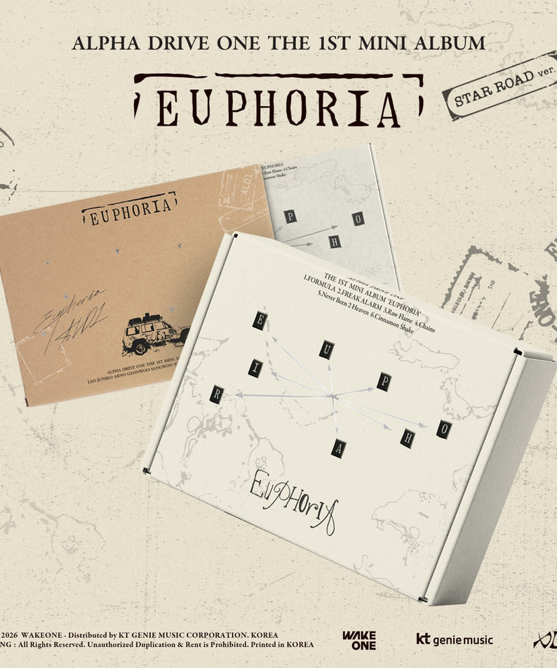 ALPHA DRIVE ONE - THE 1ST MINI ALBUM [EUPHORIA] (STAR ROAD ver.) - Album Kpop, visuel coffret sur fond beige.