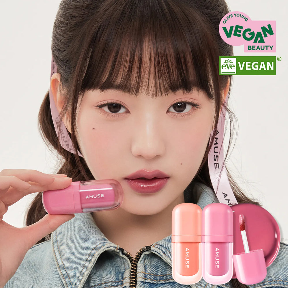 AMUSE BEBE TINT cosmétique vegan avec modèle, produits et logo