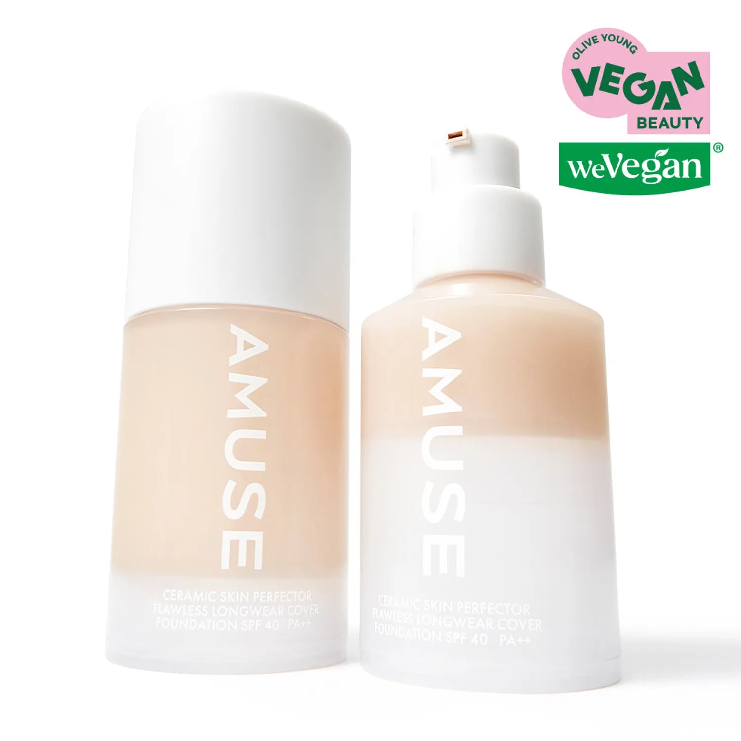 AMUSE Ceraamic Skin Perfection Foundation, flacons de maquillage sur fond clair, logo vegan et certif beauté