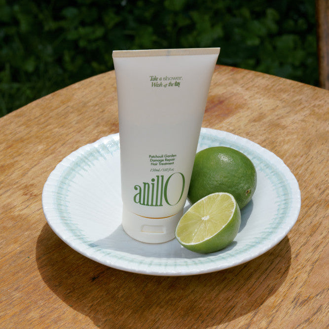 ANILLO Patchouli Garden Damage Repair Hair Treatment 150ml, tube sur assiette avec citron vert, décor jardin.