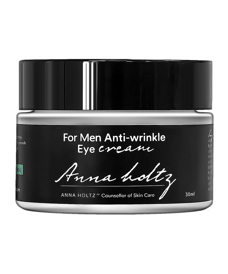 ANNA HOLTZ For Men Anti-Wrinkle Eye Cream 30ml, pot noir sur fond sombre, crème contour des yeux pour homme.