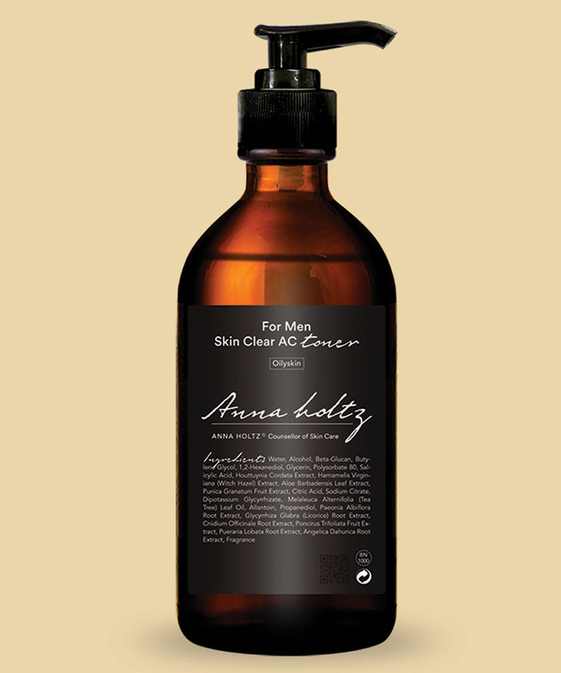 ANNA HOLTZ For Men Homme Men's Skin Clear Toner Large Capacity 300ml, flacon pompe sur fond beige, homme soins peau