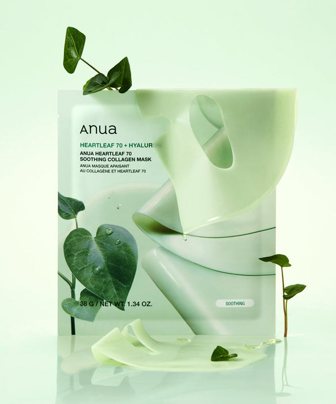 ANUA Heartleaf 70 Soothing Collagen Mask 4pcs, pack apaisant vert sur fond clair, feuilles de heartleaf, marque ANUA