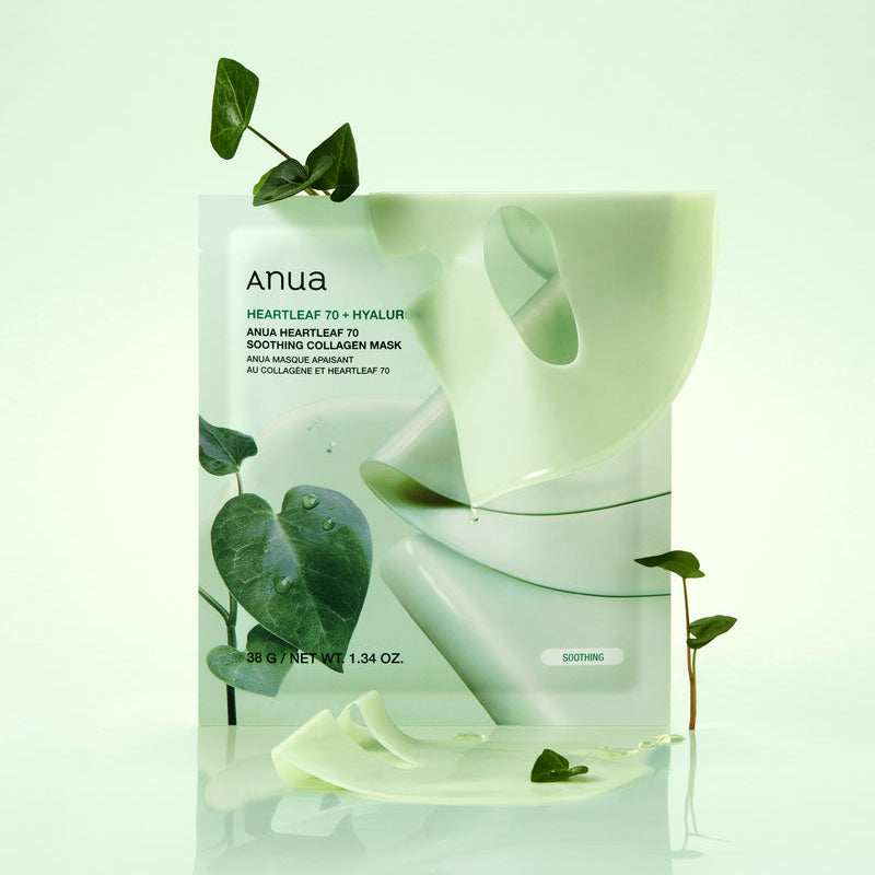 ANUA Heartleaf 70 Soothing Collagen Mask 4pcs, pack apaisant vert sur fond clair, feuilles de heartleaf, marque ANUA