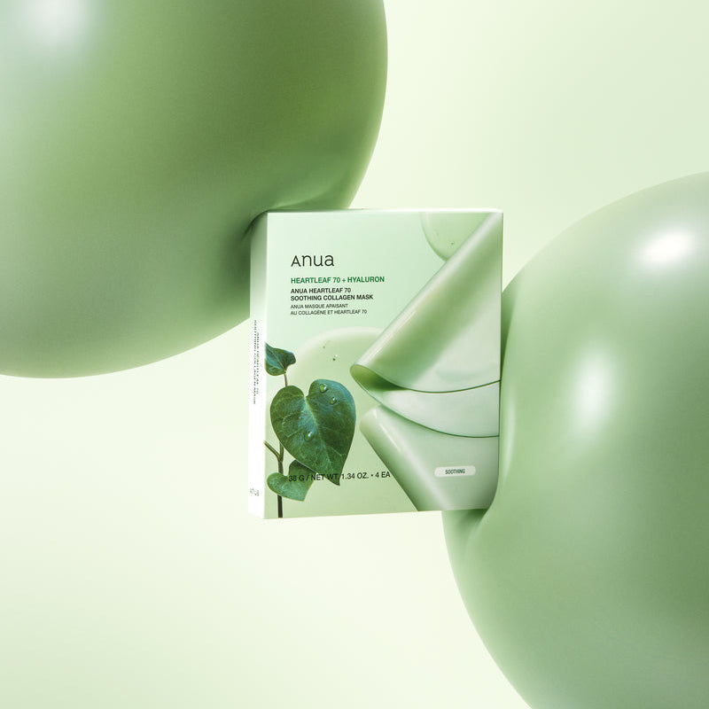 Décris l'image en français en mentionnant le produit, la marque et le contexte visuel. ANUA Heartleaf 70 Soothing Collagen Mask 4pcs