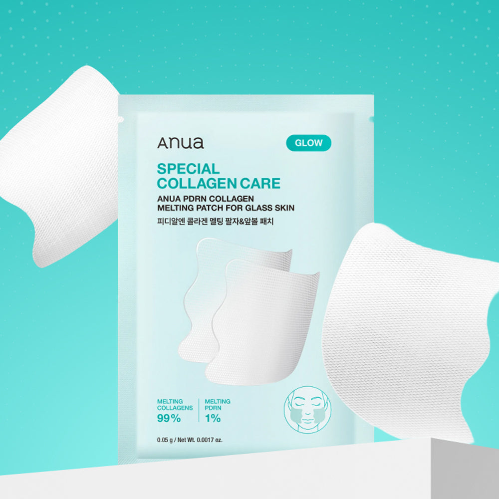 ANUA PDRN Collagen Melting Patch for Glass Skin 4ea, masque visage ANUA sur fond bleu, patchs en contexte soin