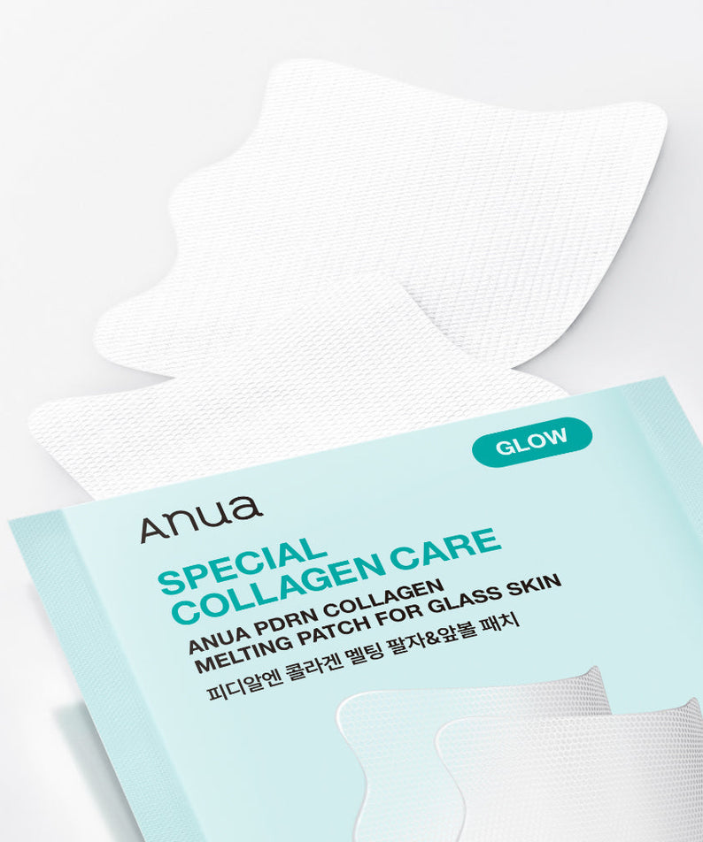 Décris l'image en français en mentionnant le produit, la marque et le contexte visuel : ANUA PDRN Collagen Melting Patch for Glass Skin 4ea