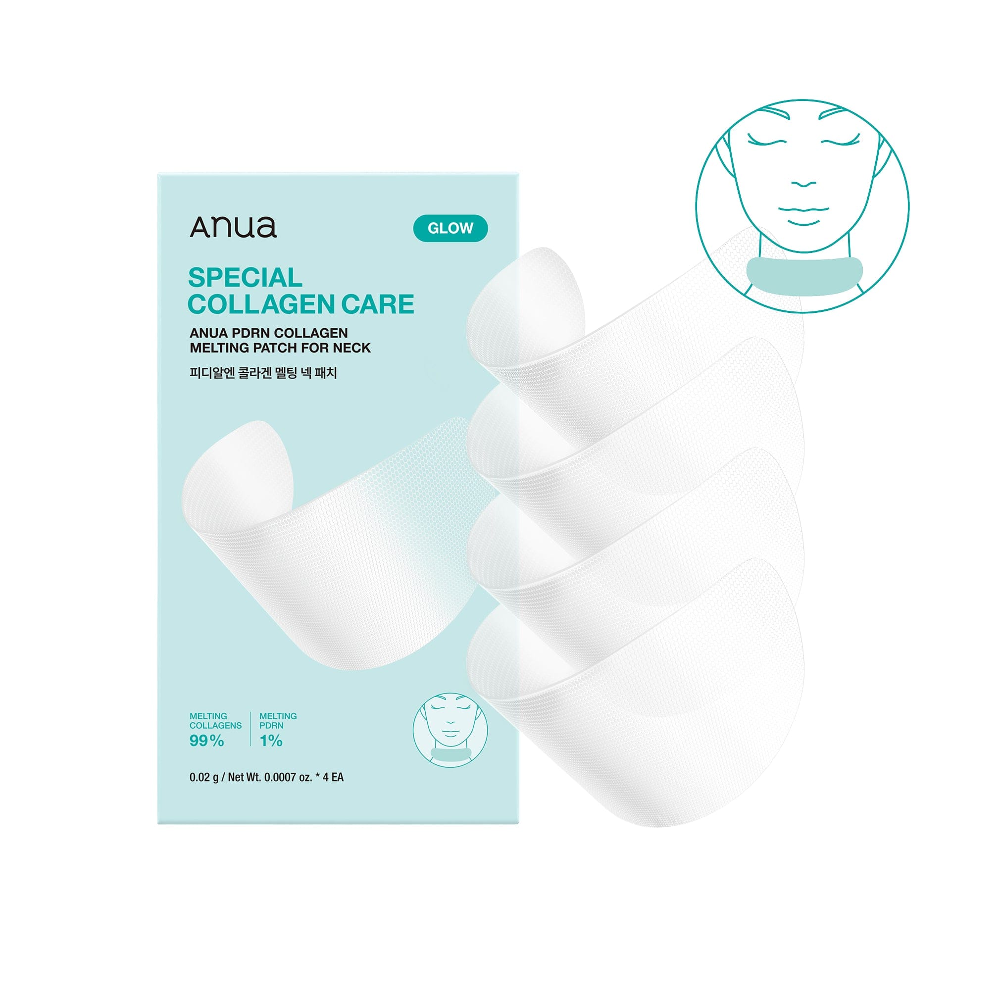ANUA PDRN Collagen Melting Patch for Neck 4ea, Anua, patchs pour le cou sur fond bleu, pack produit.
