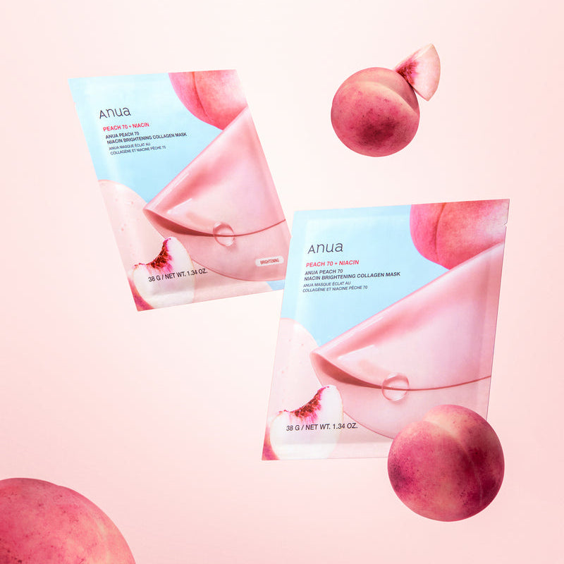 ANUA Peach 70 Niacin Brightening Collagen Mask 4pcs de la marque ANUA, masques sur fond rose avec pêches.