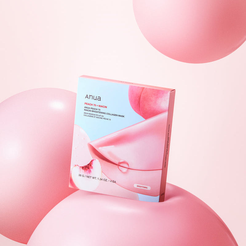 ANUA Peach 70 Niacin Brightening Collagen Mask 4pcs, boîte de la marque Anua sur fond rose, visuel beauté.