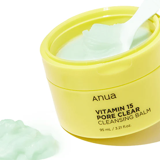 ANUA Vitamin 15 Pore Clear Cleansing Balm 95ml, pot jaune Anua, baume nettoyant sur fond blanc, texture crème