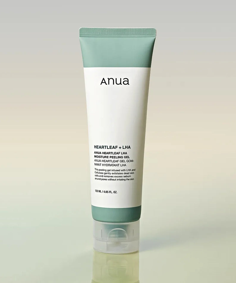 ANUA Heartleaf + LHA Moisture Peeling Gel 120ml, tube crème Anua vert, produit beauté sur fond clair, gros plan.