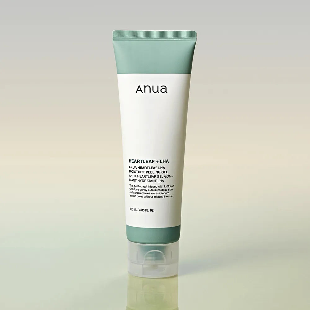 ANUA Heartleaf + LHA Moisture Peeling Gel 120ml, tube crème Anua vert, produit beauté sur fond clair, gros plan.