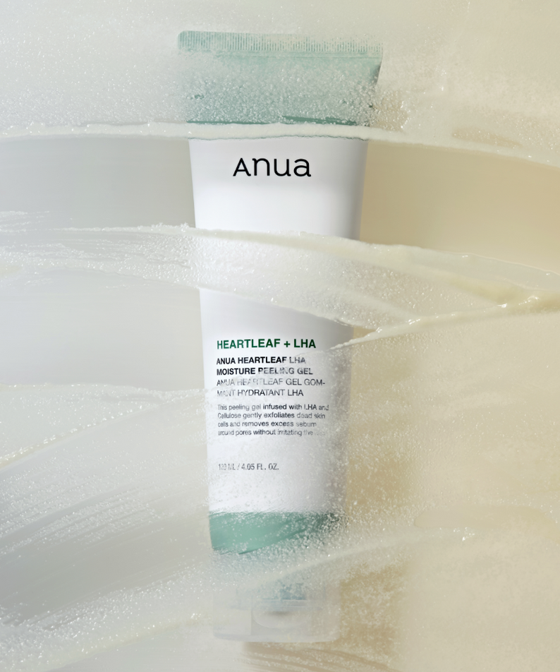 ANUA Heartleaf + LHA Moisture Peeling Gel 120ml, produit Anua en contexte bain moussant, plan rapproché sur tube blanc