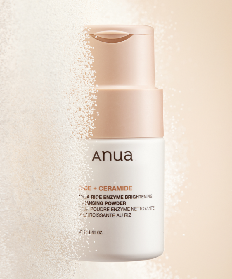 ANUA Rice + Ceramide Brightening Cleansing Powder 40g, poudre et flacon Anua sur fond beige avec effet grains, visuel produit