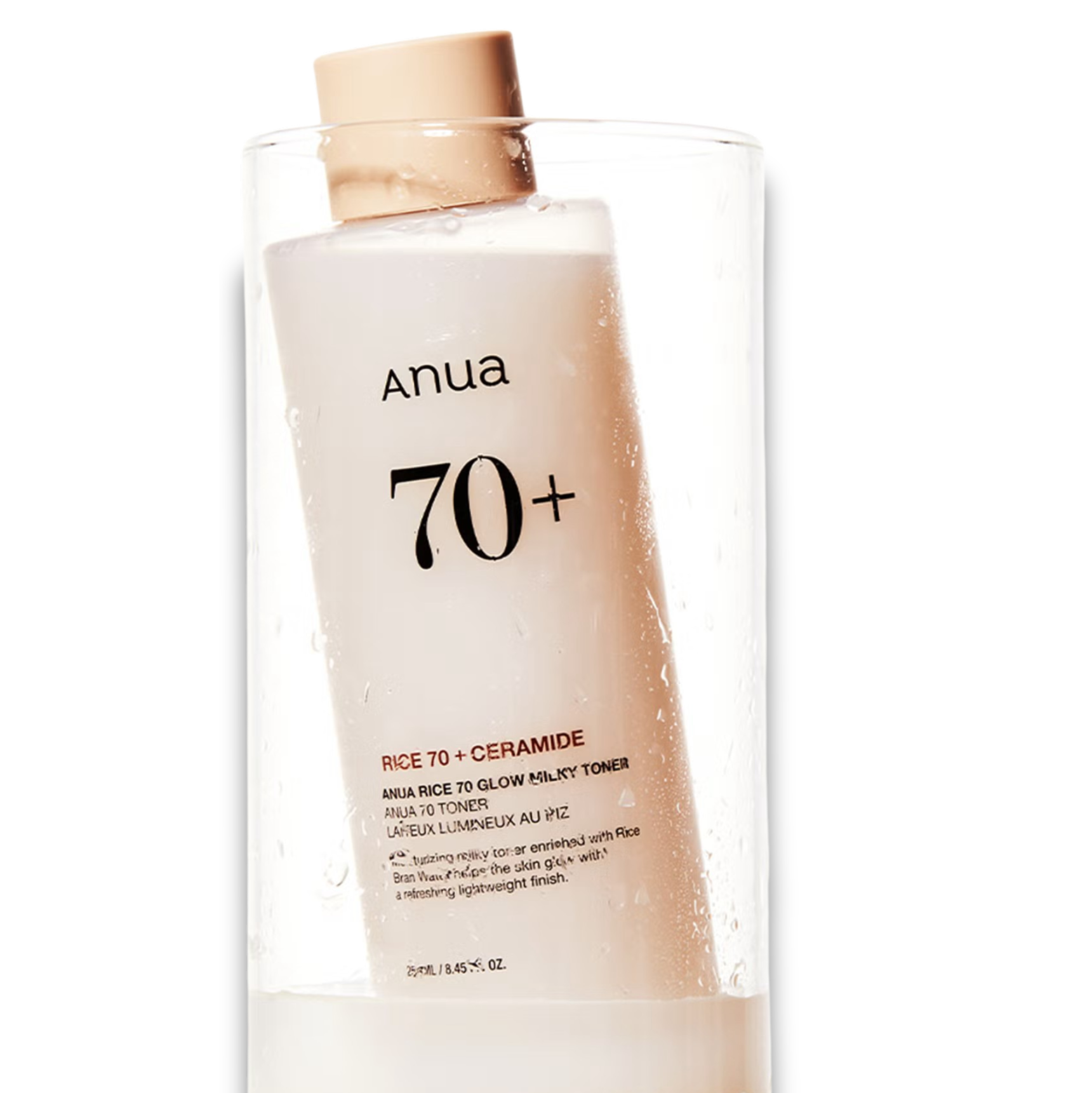 Décris l'image en français en mentionnant le produit, la marque et le contexte visuel : ANUA Rice 70 + Ceramide Glow Milky Toner 250ml