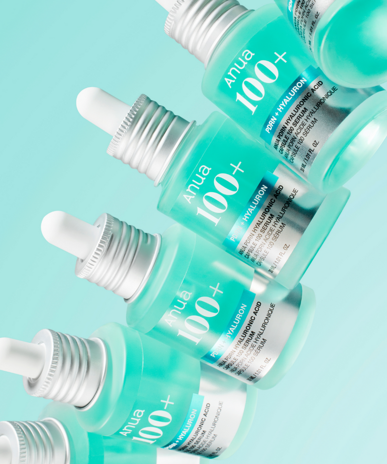 ANUA PDRN + Hyaluronic Acid Capsule 100 Serum 30ml : bouteilles turquoise sur fond bleu, photo produit Anua