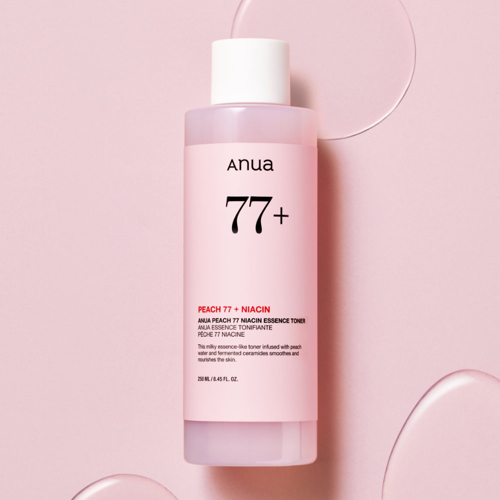 ANUA Peach 77 + Niacin Essence Toner 250ml de la marque ANUA, flacon rose sur fond pastel décoratif