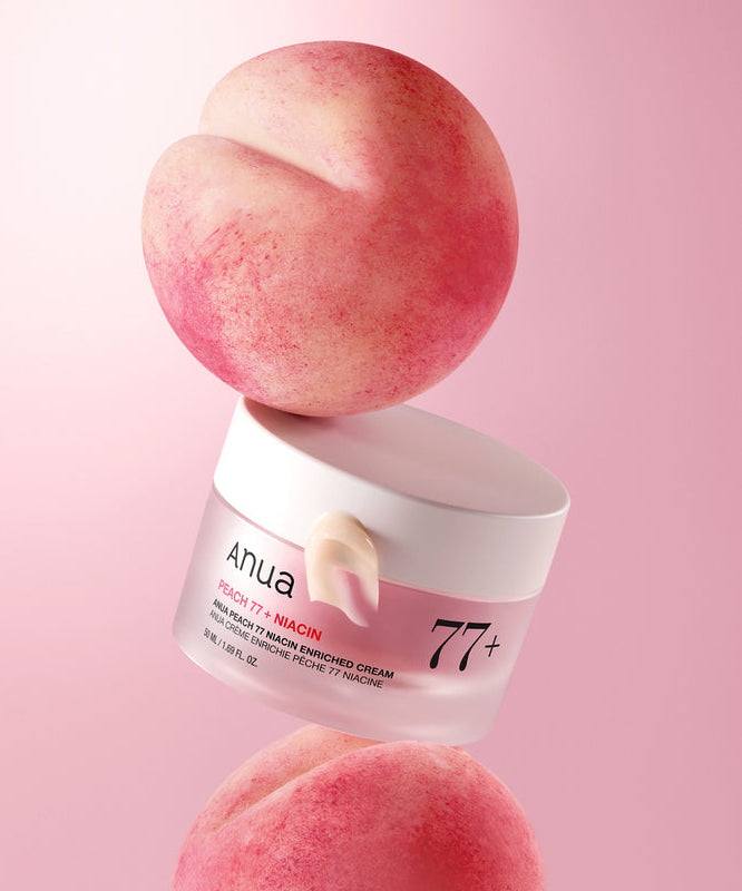 ANUA Peach 77 + Niacin Enriched Cream 50ml de la marque ANUA, crème sur décor pêche rose, contexte cosmétique.