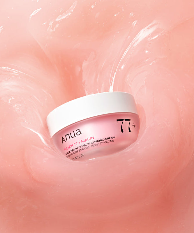 ANUA Peach 77 + Niacin Enriched Cream 50ml, pot crème Anua sur fond rose avec éclaboussures, ambiance skincare.