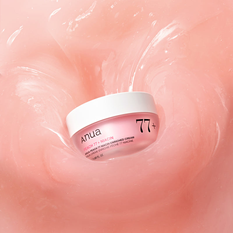 ANUA Peach 77 + Niacin Enriched Cream 50ml, pot crème Anua sur fond rose avec éclaboussures, ambiance skincare.