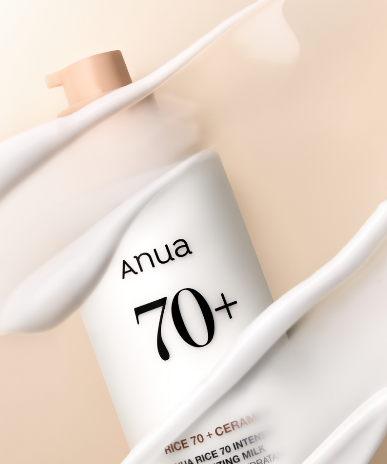 ANUA Rice 70 + Ceramide Intensive Moisturizing Milk 150ml, flacon blanc sur fond beige, produit skincare de la marque ANUA.