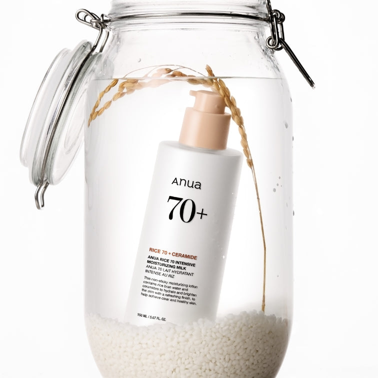 Photo produit ANUA Rice 70 + Ceramide Intensive Moisturizing Milk 150ml, bouteille beige sur fond blanc, marque ANUA.