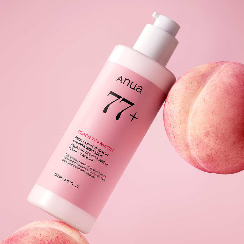 ANUA Peach 77 + Niacin Conditioning Milk 150ml, bouteille ANUA rose sur fond pastel avec fruits pêche, contexte beauté